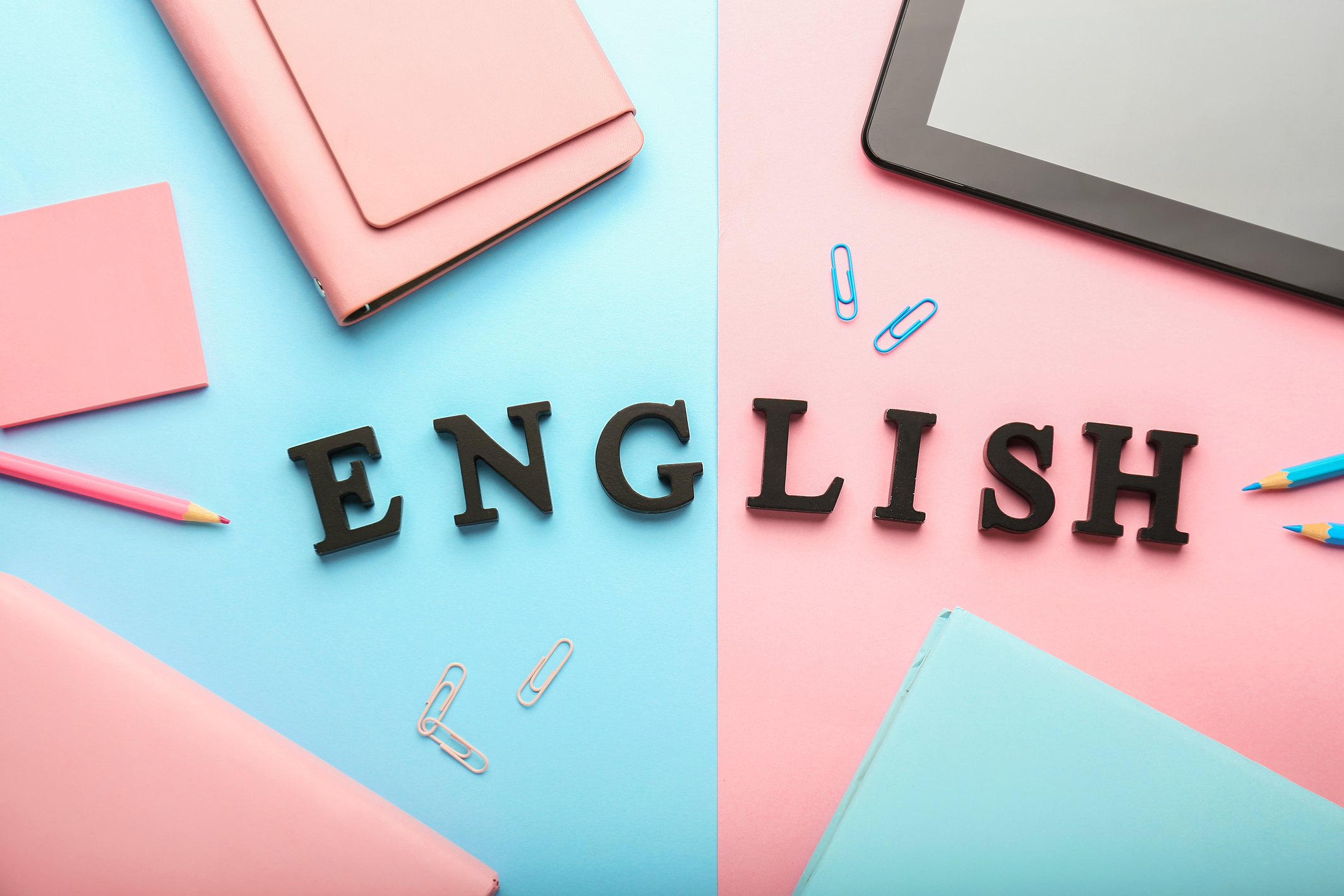 Stationery and Text ENGLISH on Pink  Background